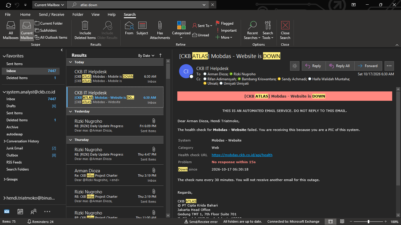 CKB Atlas System Down Alerts