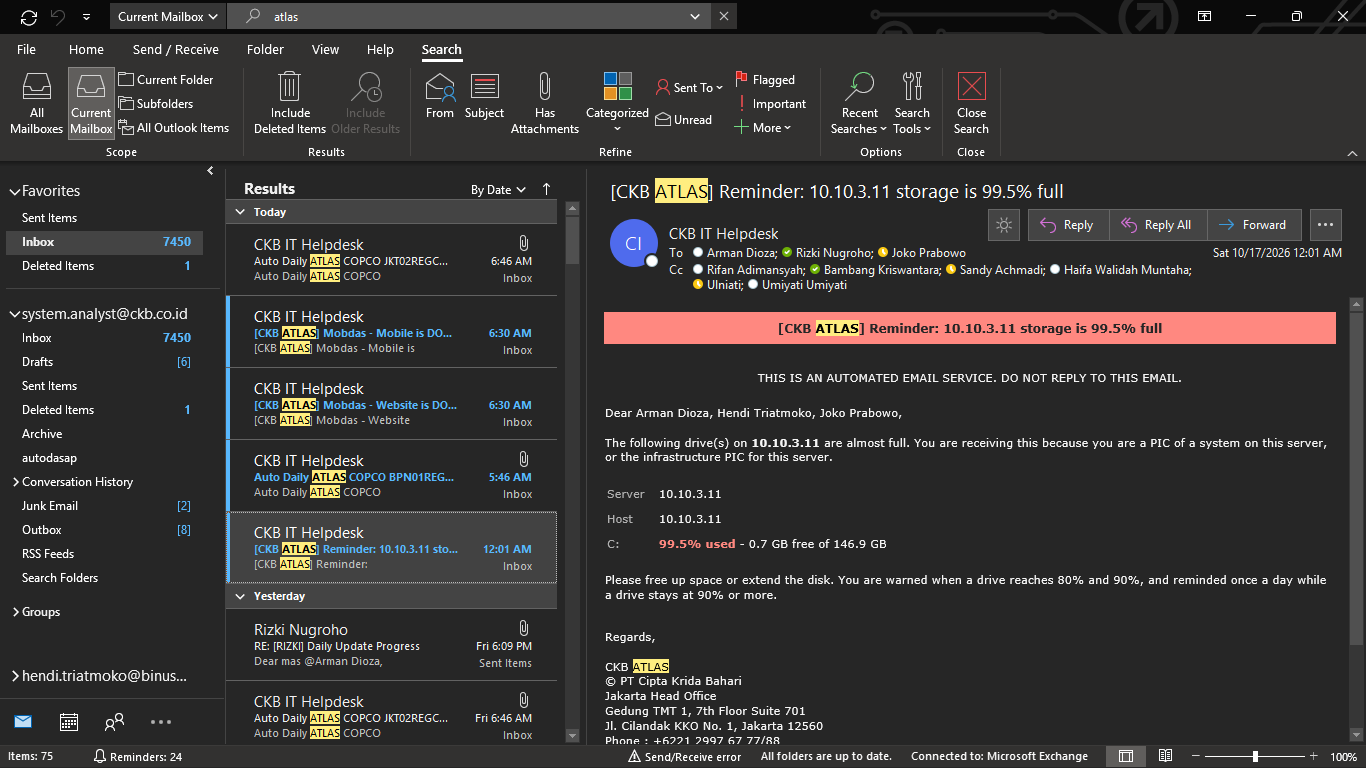 CKB Atlas Storage Alerts