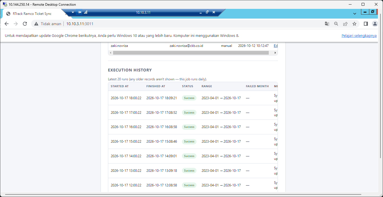 RTrack Ramco Sync Run History & Status